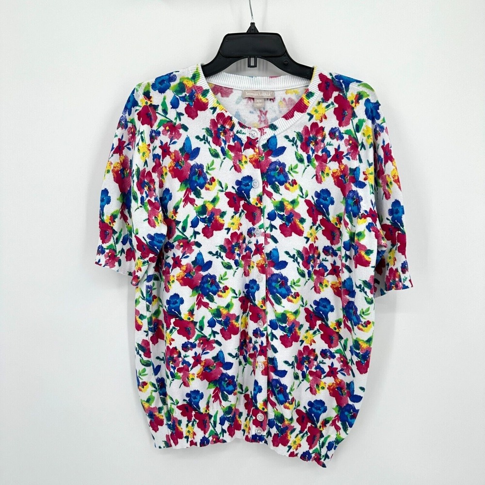 Woman Within‎ Short Sleeve Cardigan Sweater Womens 18/20 White Floral Spring